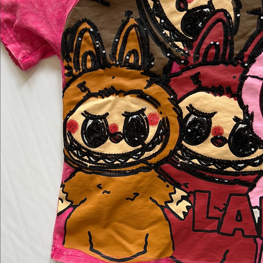 T+Tang Labubu graphic tee sequin pink distressed sh sleeve Unisex OS Plus Size - Picture 10 of 11
